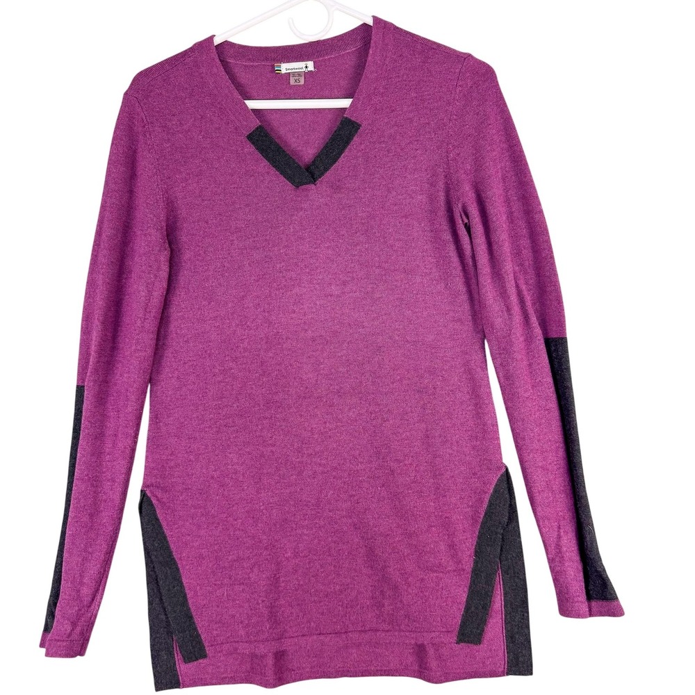 Smartwool Sweater Womens XS Purple Gray Merino Wool Blend V‎ Neck Tunic Pullover